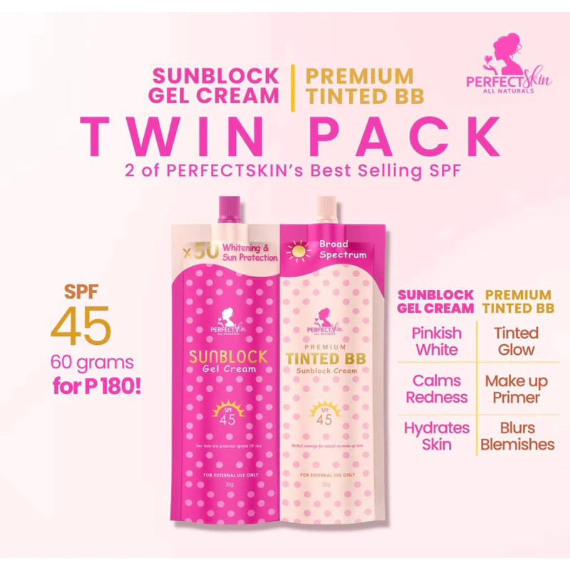 Perfect Skin Gel Cream Sunblock, Twin Pack Sunscreen and BB Tinted, Flawless Sunscreen