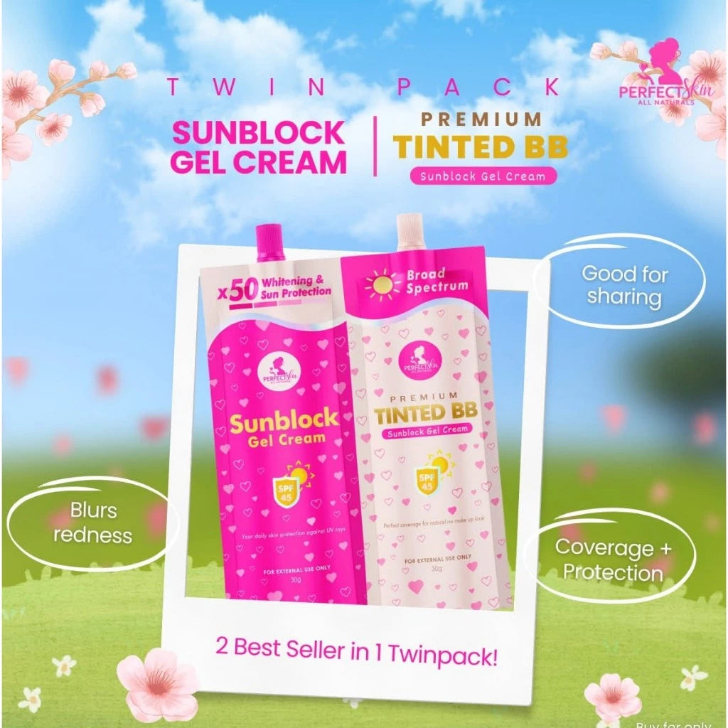 Perfect Skin Gel Cream Sunblock, Twin Pack Sunscreen and BB Tinted, Flawless Sunscreen