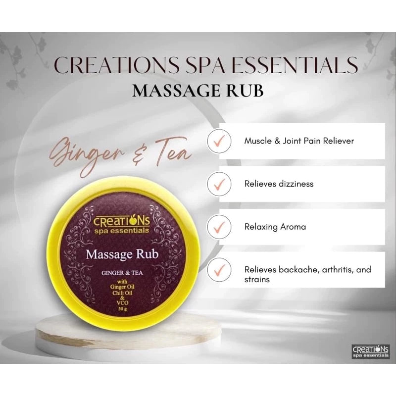 Ginger and Tea 50g Creations Spa Essentials Massage Rub for Headache, Muscle Pain, Sprains & Dizziness