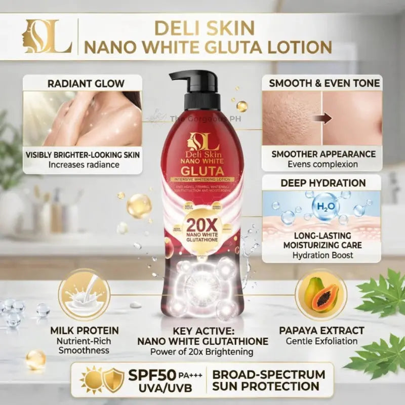 Deli Skin Nano White Gluta Whitening Lotion SPF50 PA+++ UV Protection Body Lotion Made Thailand Beauty Express Hub