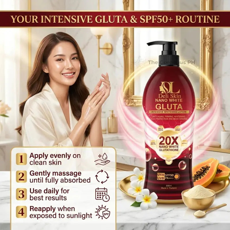 Deli Skin Nano White Gluta Whitening Lotion SPF50 PA+++ UV Protection Body Lotion Made Thailand Beauty Express Hub
