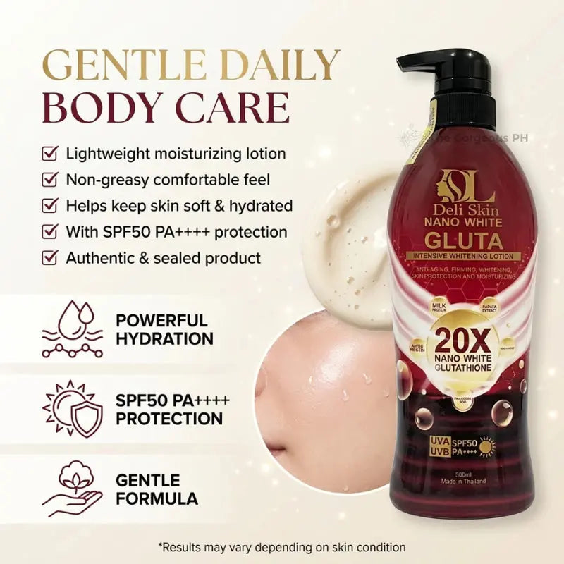 Deli Skin Nano White Gluta Whitening Lotion SPF50 PA+++ UV Protection Body Lotion Made Thailand Beauty Express Hub